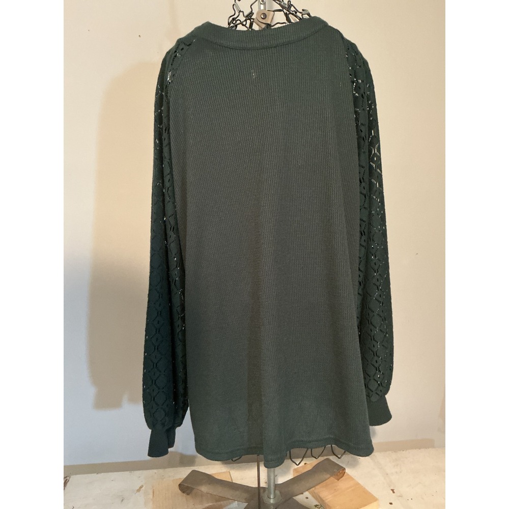 MIHOLL Women XXL Green Waffle Knit Top Lace Raglan Long Sleeve Crew Neck Shirt